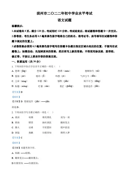 2022年山东省滨州市中考语文真题(解析版)