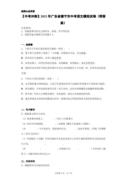 【中考冲刺】2021年广东省普宁市中考语文模拟试卷(附答案)
