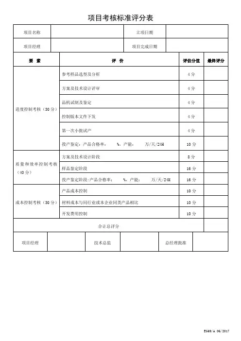 工程部项目考核标准评分表样板