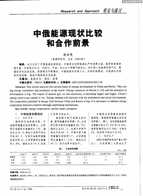 中俄能源现状比较和合作前景