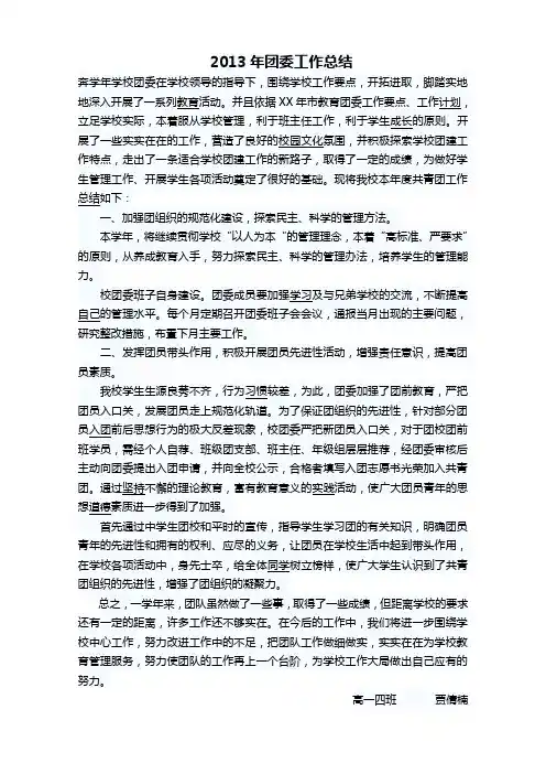 2013年团委工作总结