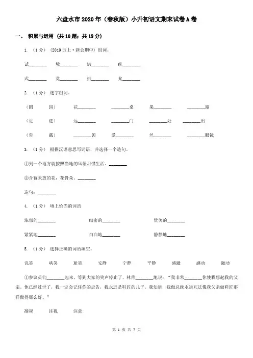六盘水市2020年(春秋版)小升初语文期末试卷A卷