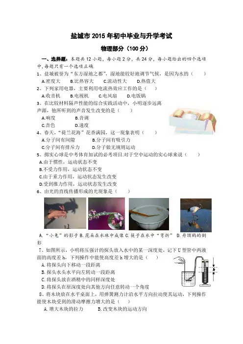 江苏省盐城市2015年中考物理试题(word版,含答案)