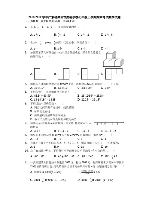 2018-2019学年广东省深圳市实验学校七年级上学期期末考试数学试题(解析版)
