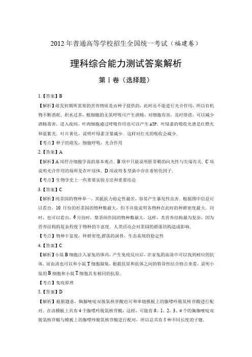 2012年高考理科综合福建卷-答案