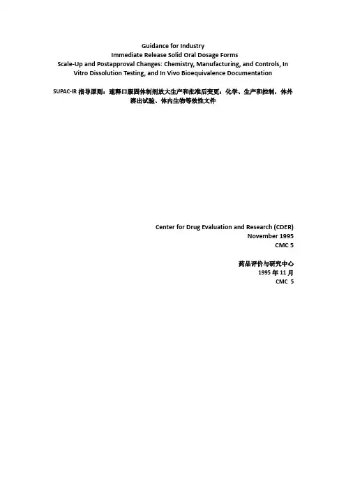 翻译(SUPAC-IR指导原则：速释口服固体制剂：放大生产和批准后变更)