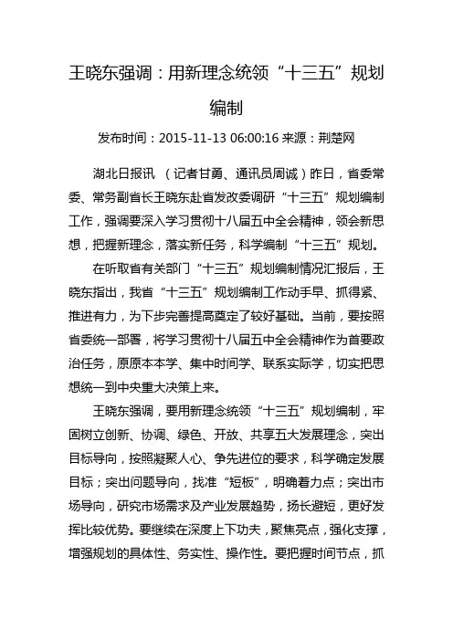 王晓东强调：用新理念统领“十三五”规划编制