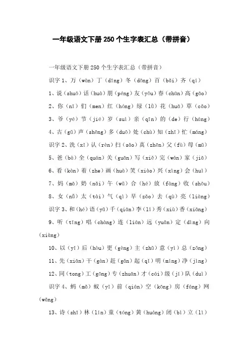 一年级语文下册250个生字表汇总(带拼音)