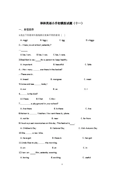 译林六年级英语下册小升初英语模拟试卷(含答案)共5套sc3