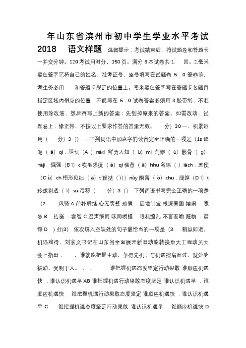 山东省滨州市2018年初中语文学业水平考试样题(含答案)