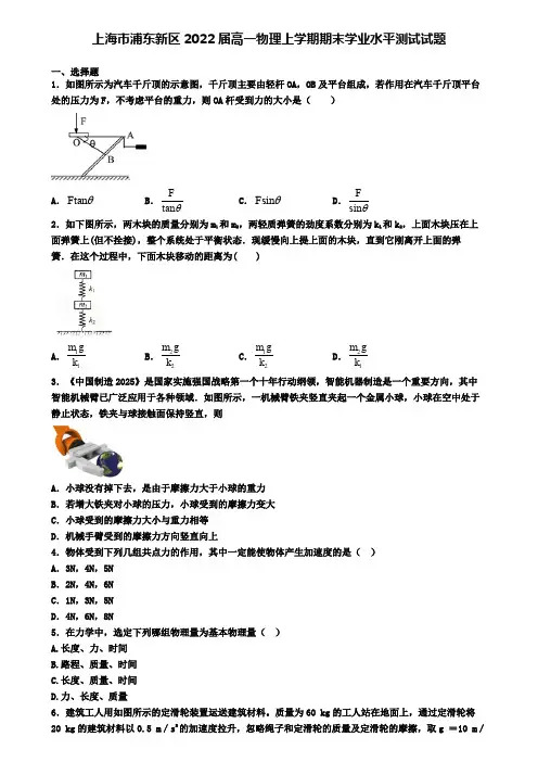 上海市浦东新区2022届高一物理上学期期末学业水平测试试题