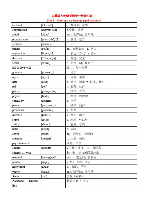人教版九年级全册英语单词词汇表