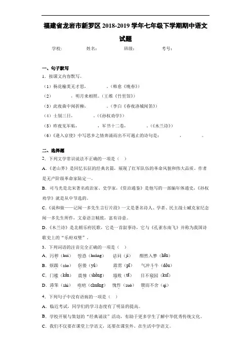福建省龙岩市新罗区2018~2019学年七年级下学期期中语文试题