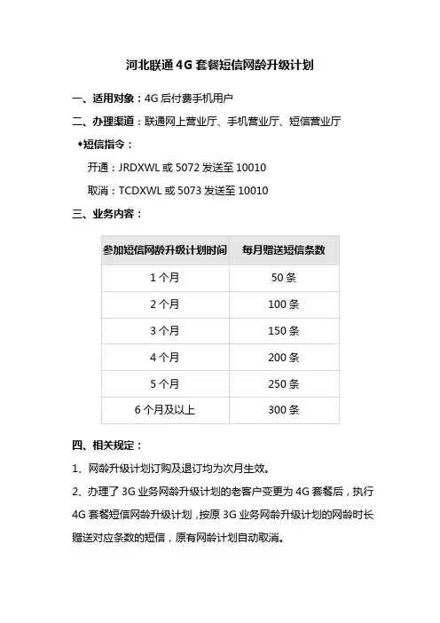 河北联通4G套餐短信网龄升级计划