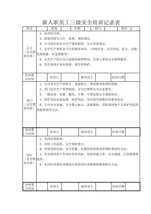 新入职员工三级安全培训记录表