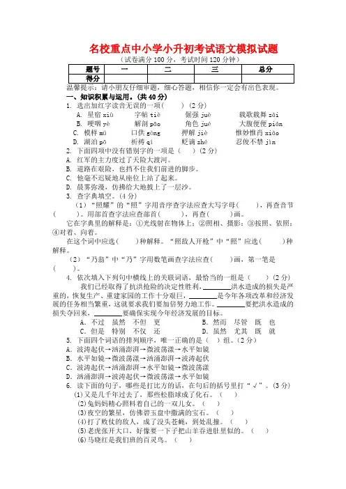 北京市朝阳区2朝阳外国语学校小升初语文模拟试题(共5套)详细答案