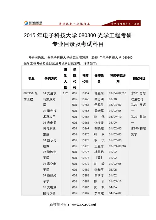 2015年电子科技大学080300光学工程考研专业目录及考试科-新祥旭考研辅导目