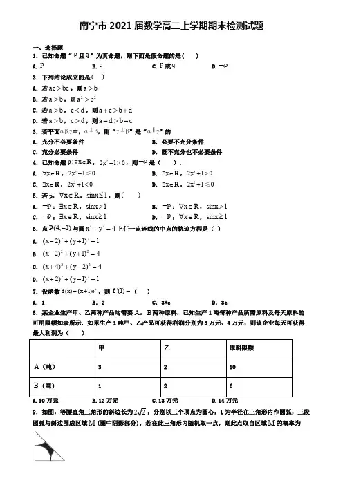 南宁市2021届数学高二上学期期末检测试题
