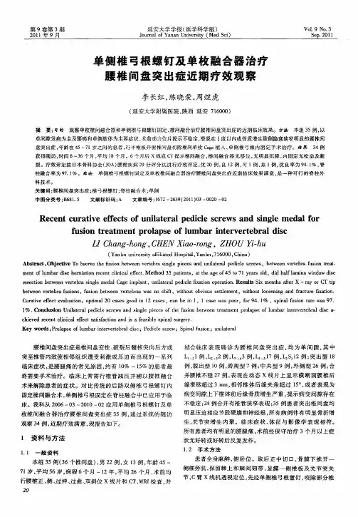 单侧椎弓根螺钉及单枚融合器治疗腰椎间盘突出症近期疗效观察