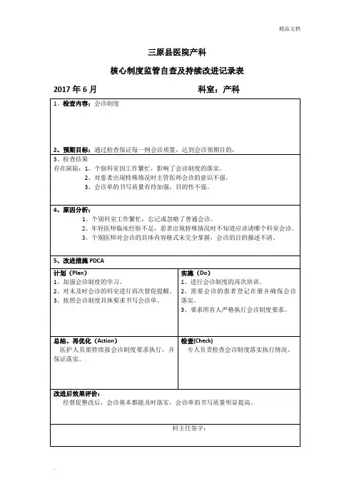 核心制度监管自查及持续改进记录表 6