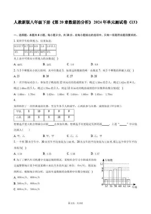 人教新版八年级下册《第20章数据的分析》2024年单元测试卷(13)+答案解析