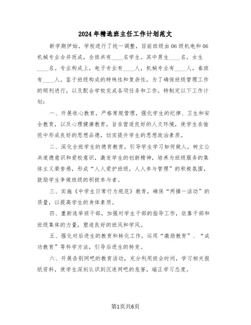 2024年精选班主任工作计划范文（三篇）