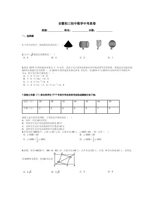 安徽初三初中数学中考真卷带答案解析

