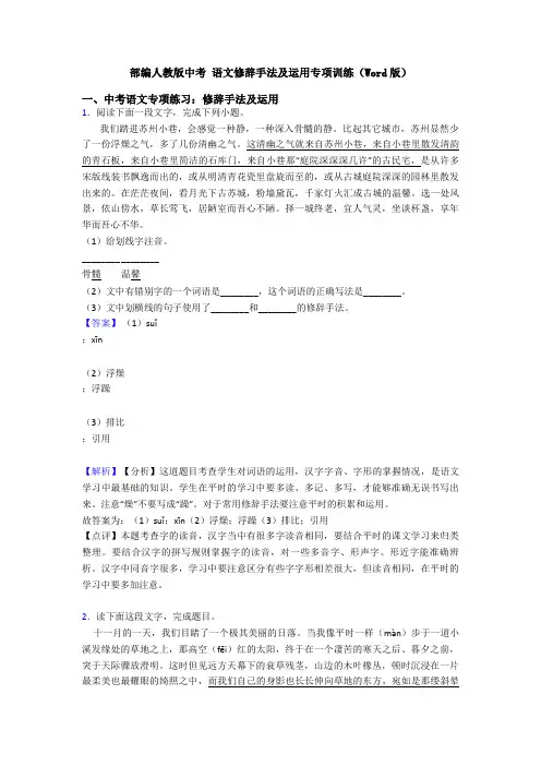 部编人教版中考 语文修辞手法及运用专项训练(Word版)
