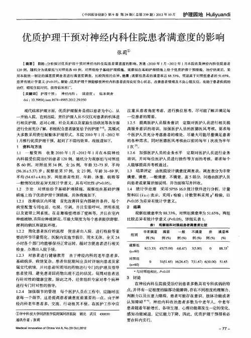 优质护理干预对神经内科住院患者满意度的影响