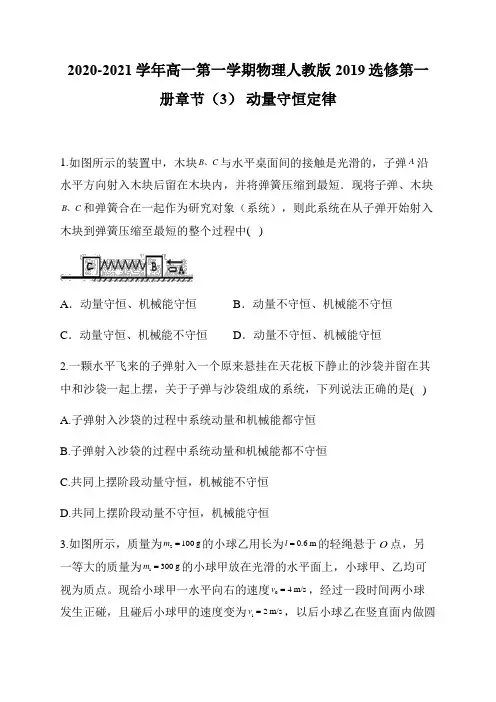 2020-2021学年高一第一学期物理人教版2019选修第一册章节(3) 动量守恒定律
