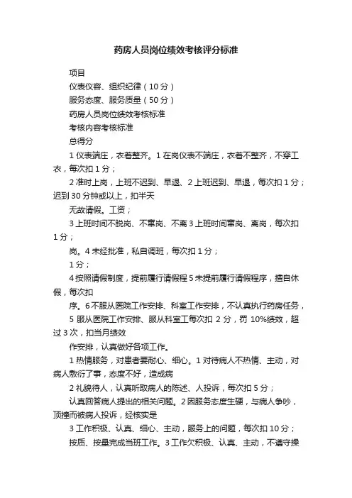 药房人员岗位绩效考核评分标准
