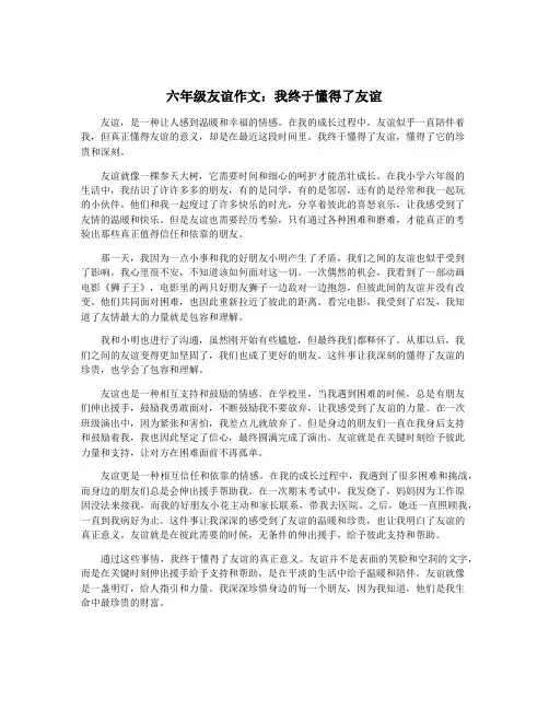 六年级友谊作文：我终于懂得了友谊