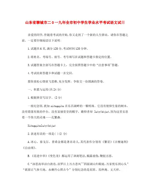 山东省聊城市2020年中考语文真题试题(通用)