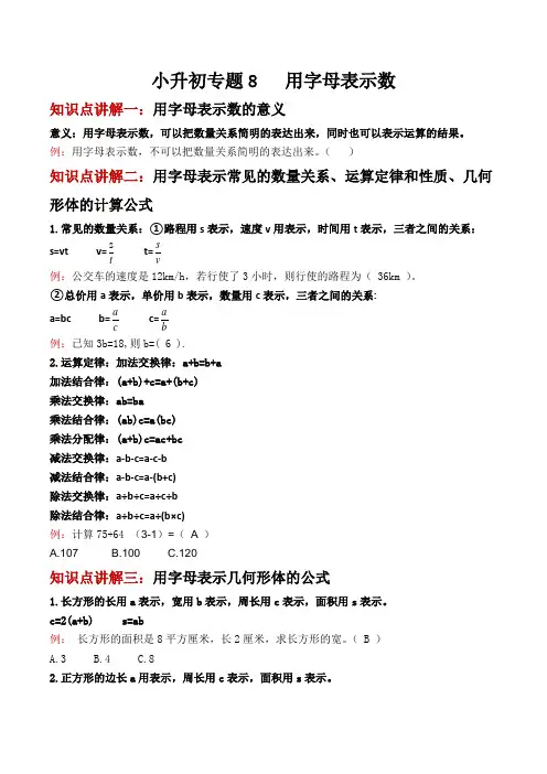 小升初数学专题训练——用字母表示数(知识讲解+达标测试) 通用版