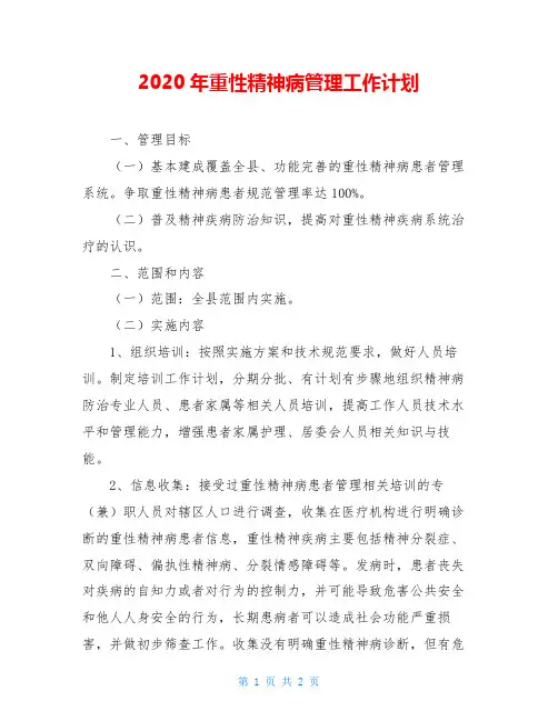 2020年重性精神病管理工作计划