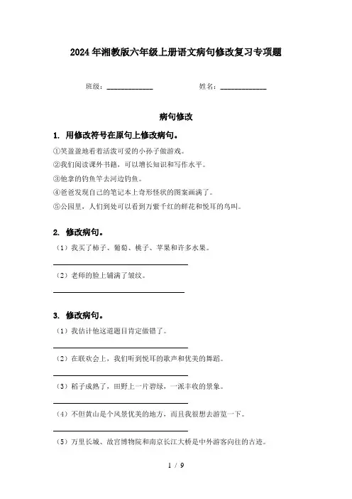 2024年湘教版六年级上册语文病句修改复习专项题