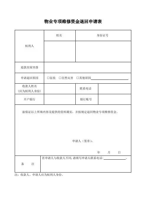 物业专项维修资金退回申请表和委托书