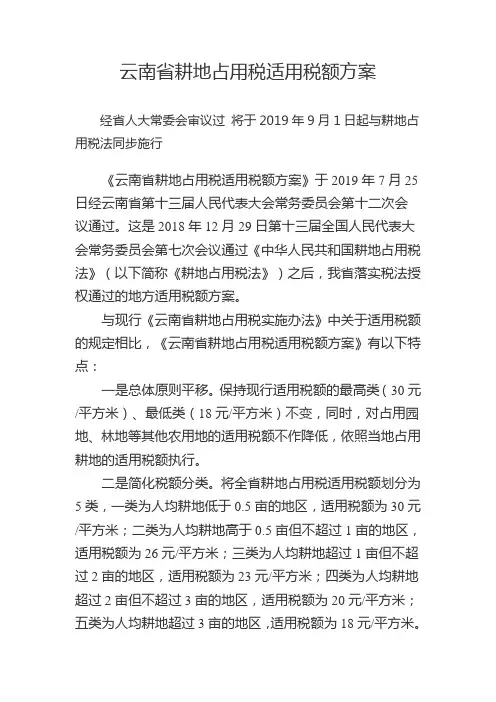 云南省耕地占用税适用税额方案