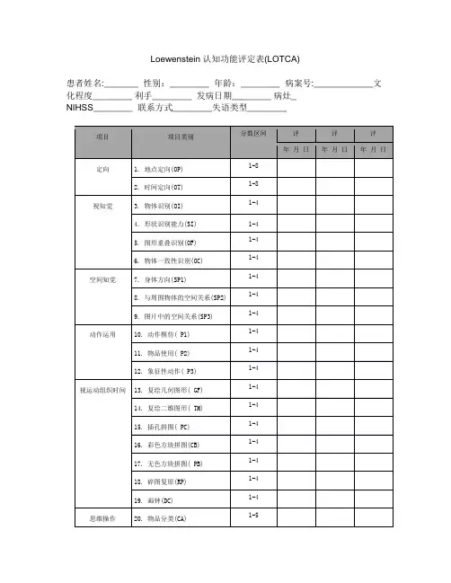 LOTCA 认知功能评定表