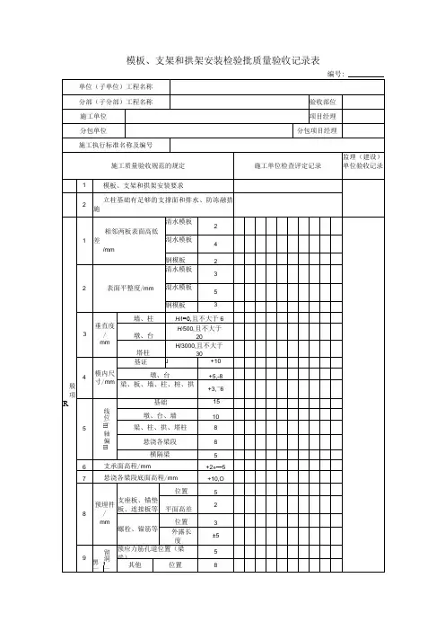模板、支架和拱架安装检验批质量验收记录表