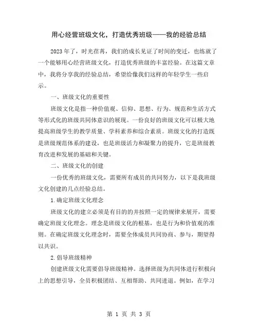 用心经营班级文化,打造优秀班级——我的经验总结