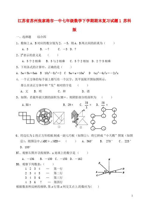 江苏省苏州张家港市一中七年级数学下学期期末复习试题1(无答案) 苏科版