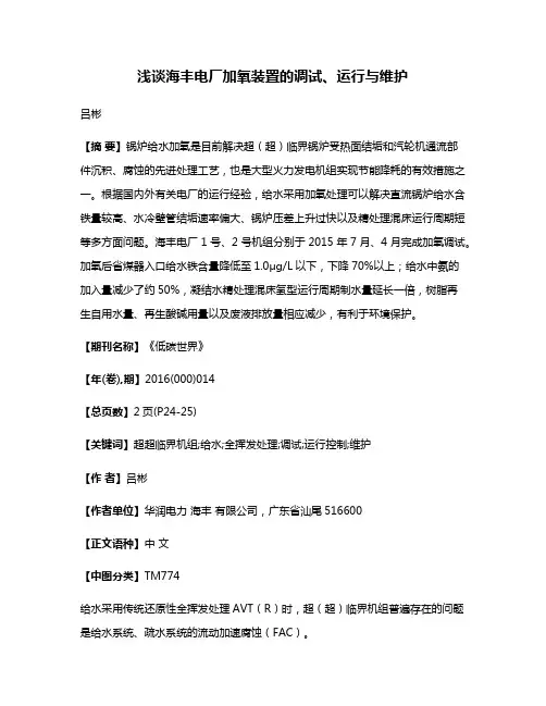 浅谈海丰电厂加氧装置的调试、运行与维护