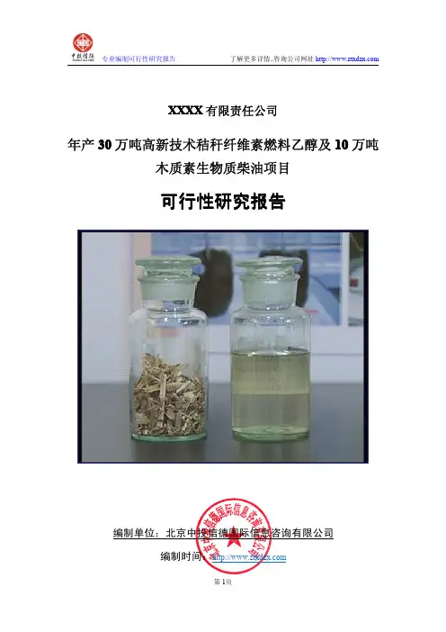 年产30万吨高新技术秸秆纤维素燃料乙醇及10万吨木质素生物质柴油项目可行性研究报告