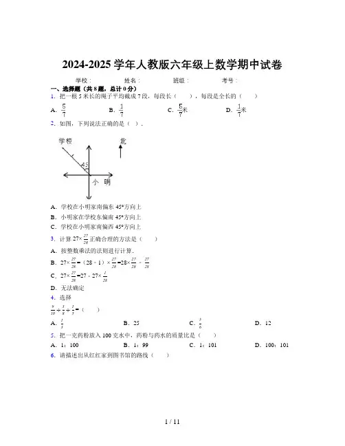 2024-2025学年六年级上册数学期中试卷及详细答案解析8101
