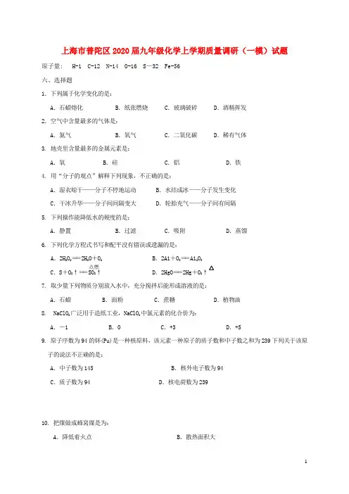 上海市普陀区2020届九年级化学上学期质量调研(一模)试题