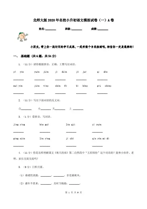 北师大版2020年名校小升初语文模拟试卷(一)A卷
