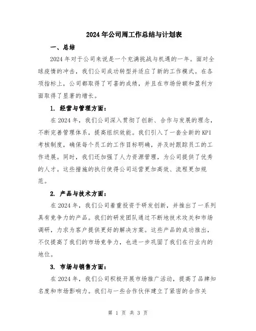 2024年公司周工作总结与计划表