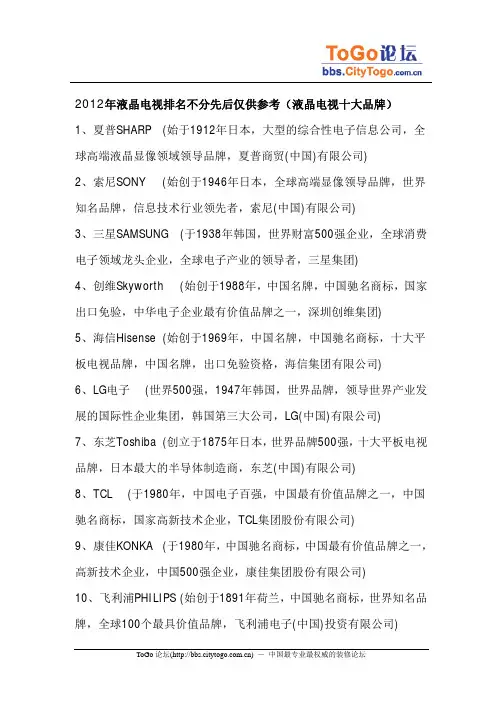 2012年液晶电视十大品牌排名