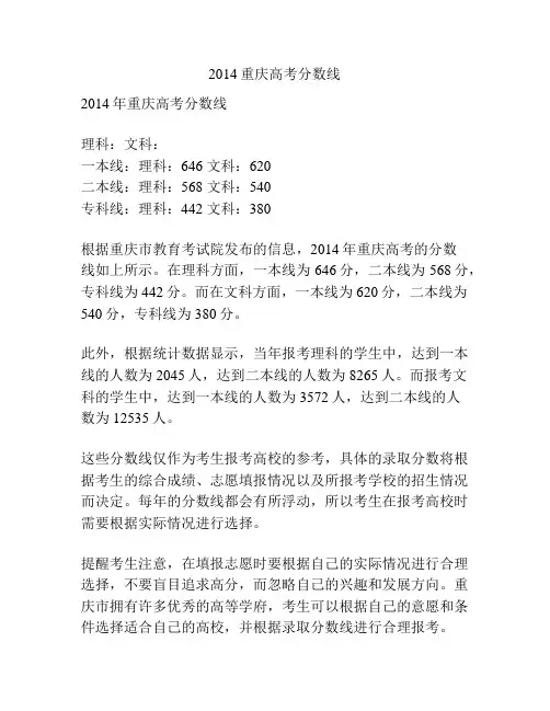2014重庆高考分数线